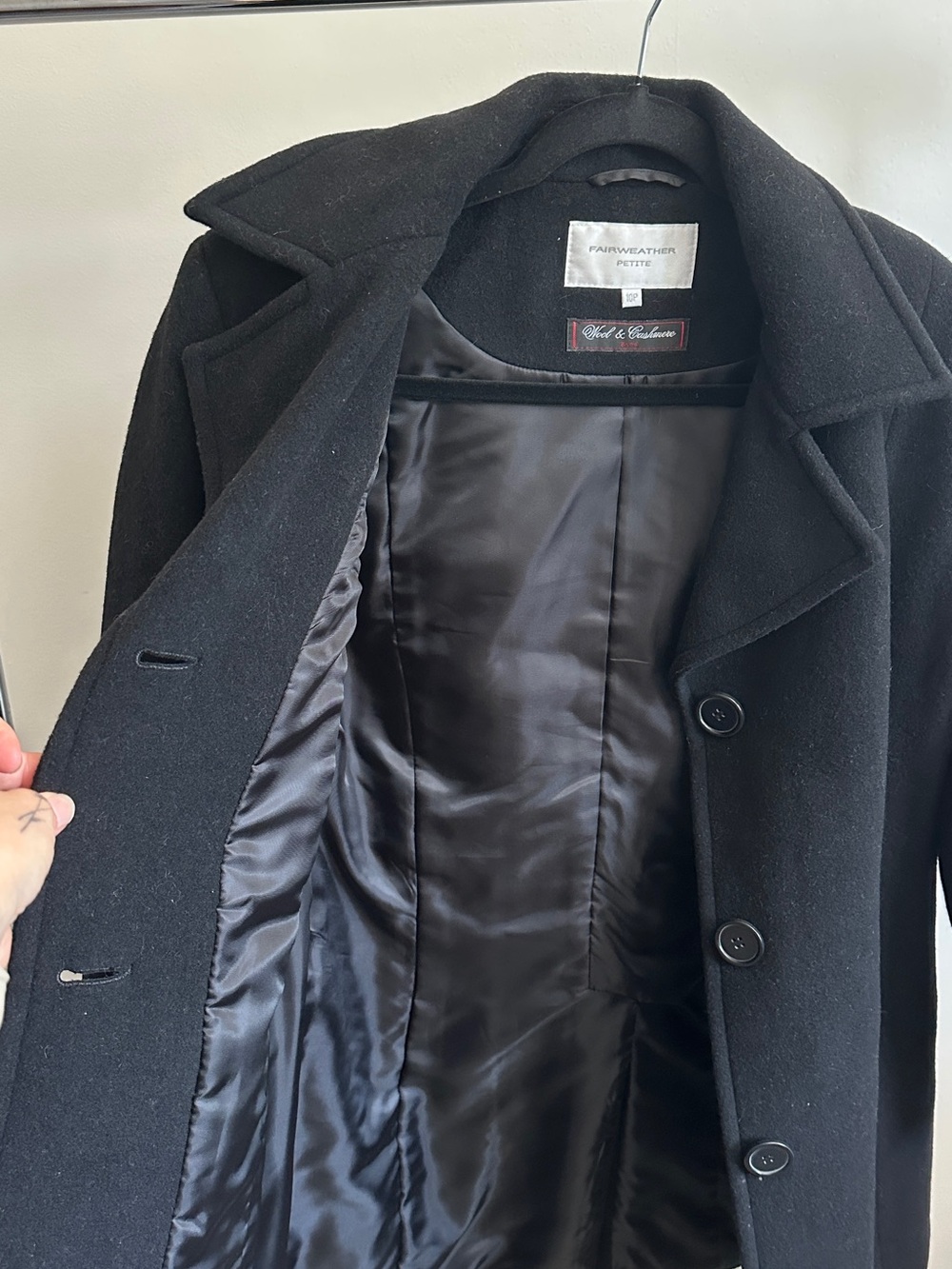 Vintage Black Wool Pea Coat | Fairweather - Tailored Three-Button Jacket Sz 10P - Picture 3 of 9